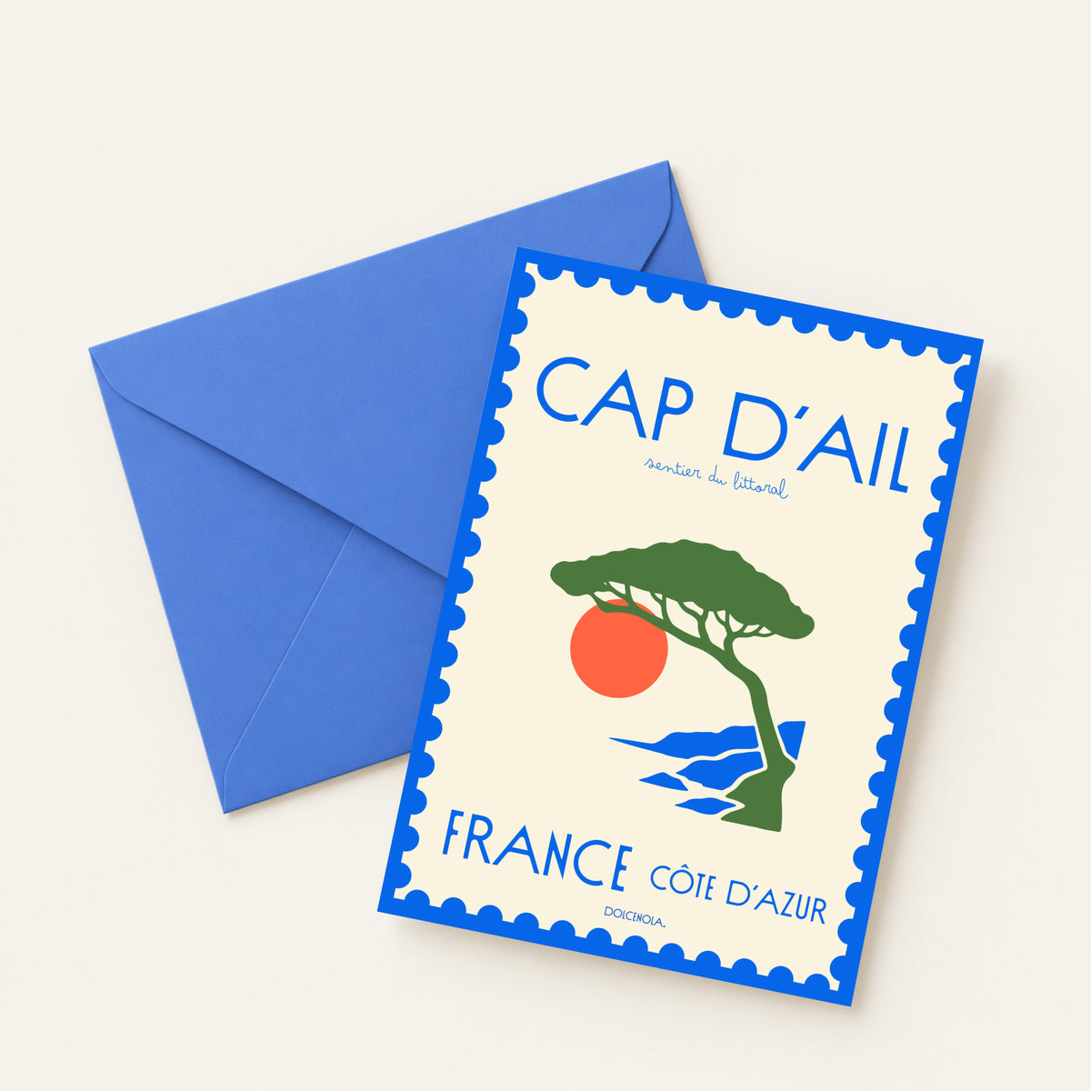 Carte postale illustrée Cap d'Ail, style carte à timbre vintage, fine art 300g coton, Dolcenola