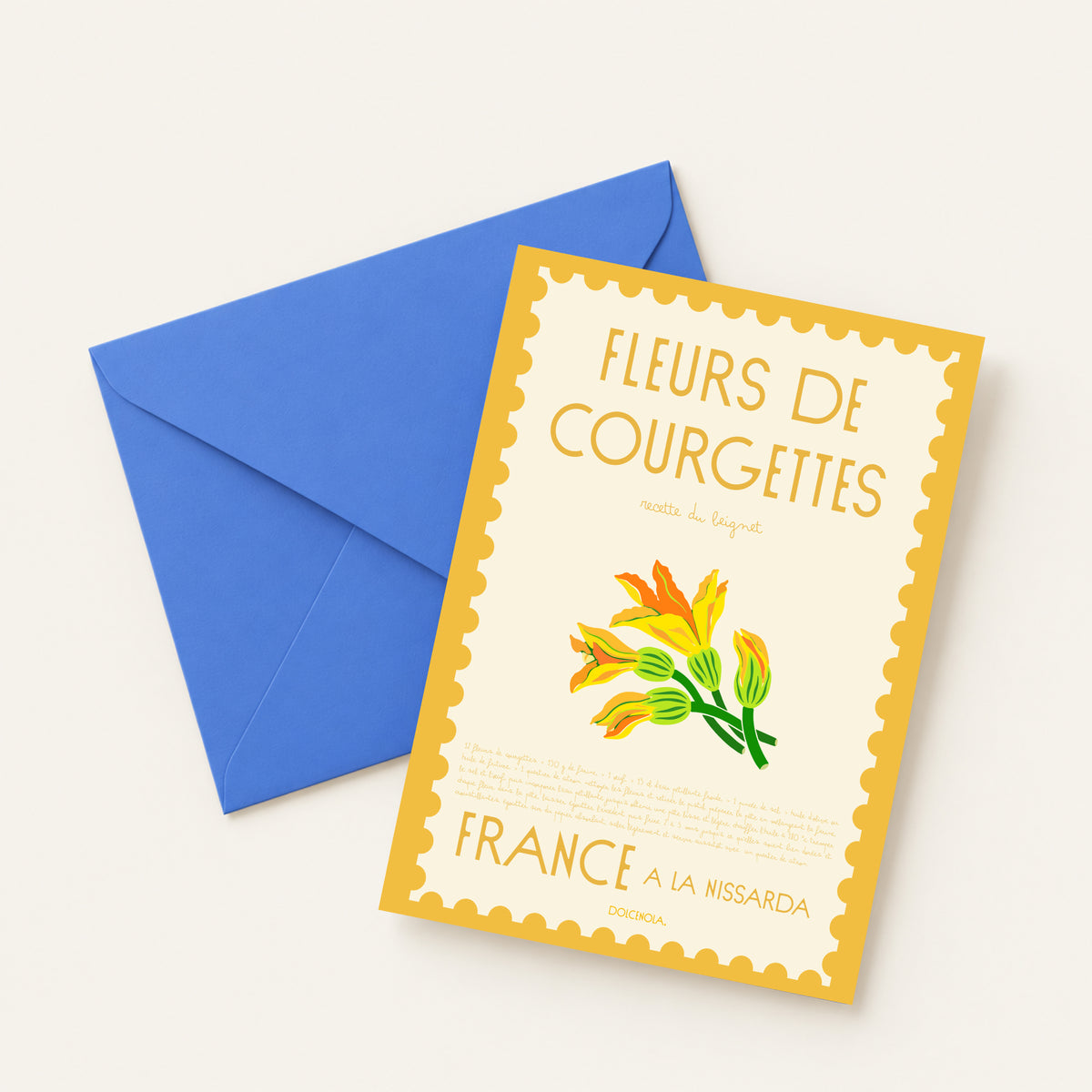 Carte postale illustrée Fleurs de courgettes façon timbre, spécialité culinaire niçoise, fine art 300g coton, Dolcenola