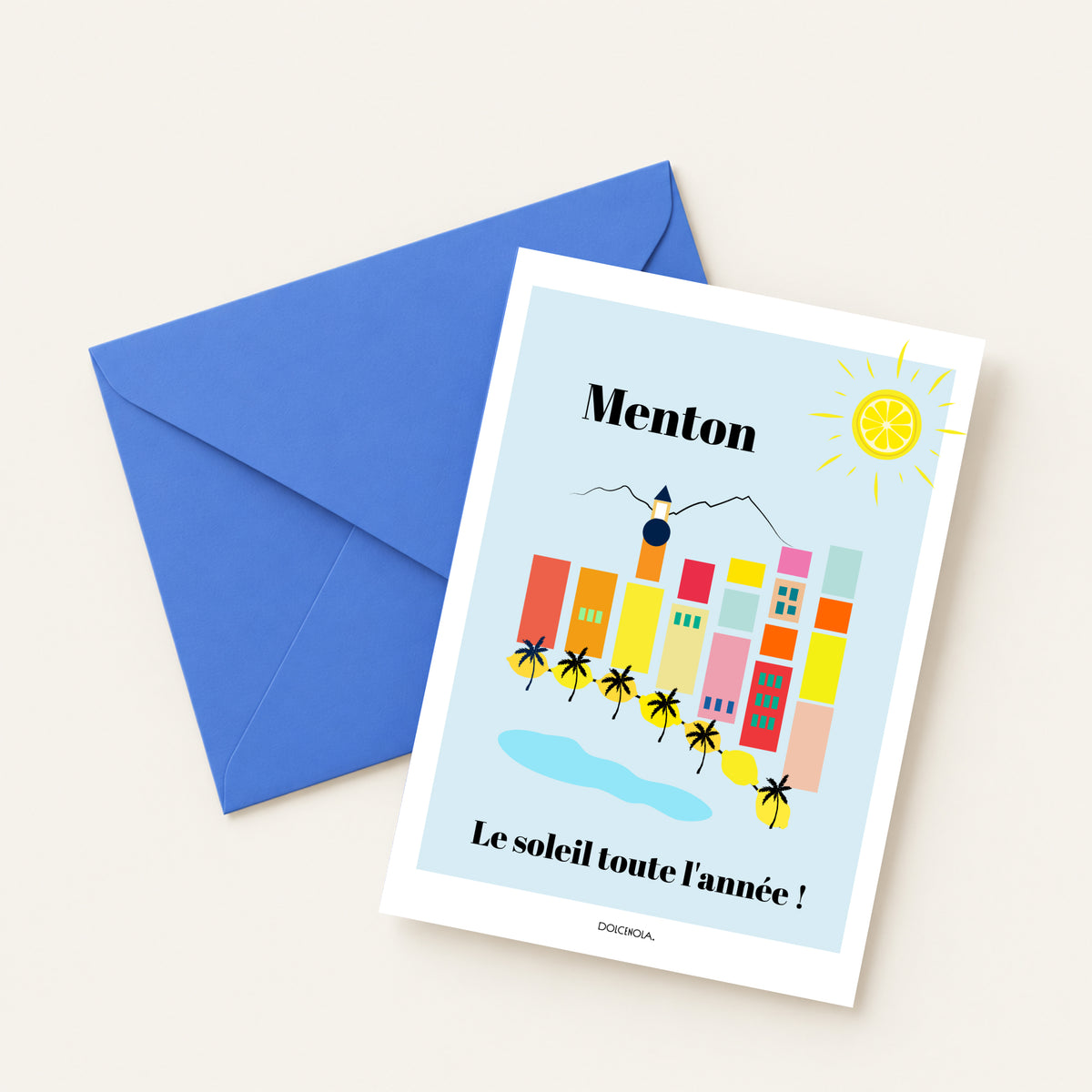 Carte postale illustrée Menton vue mer, façade colorée face à la Méditerranée, fine art 300g coton, Dolcenola