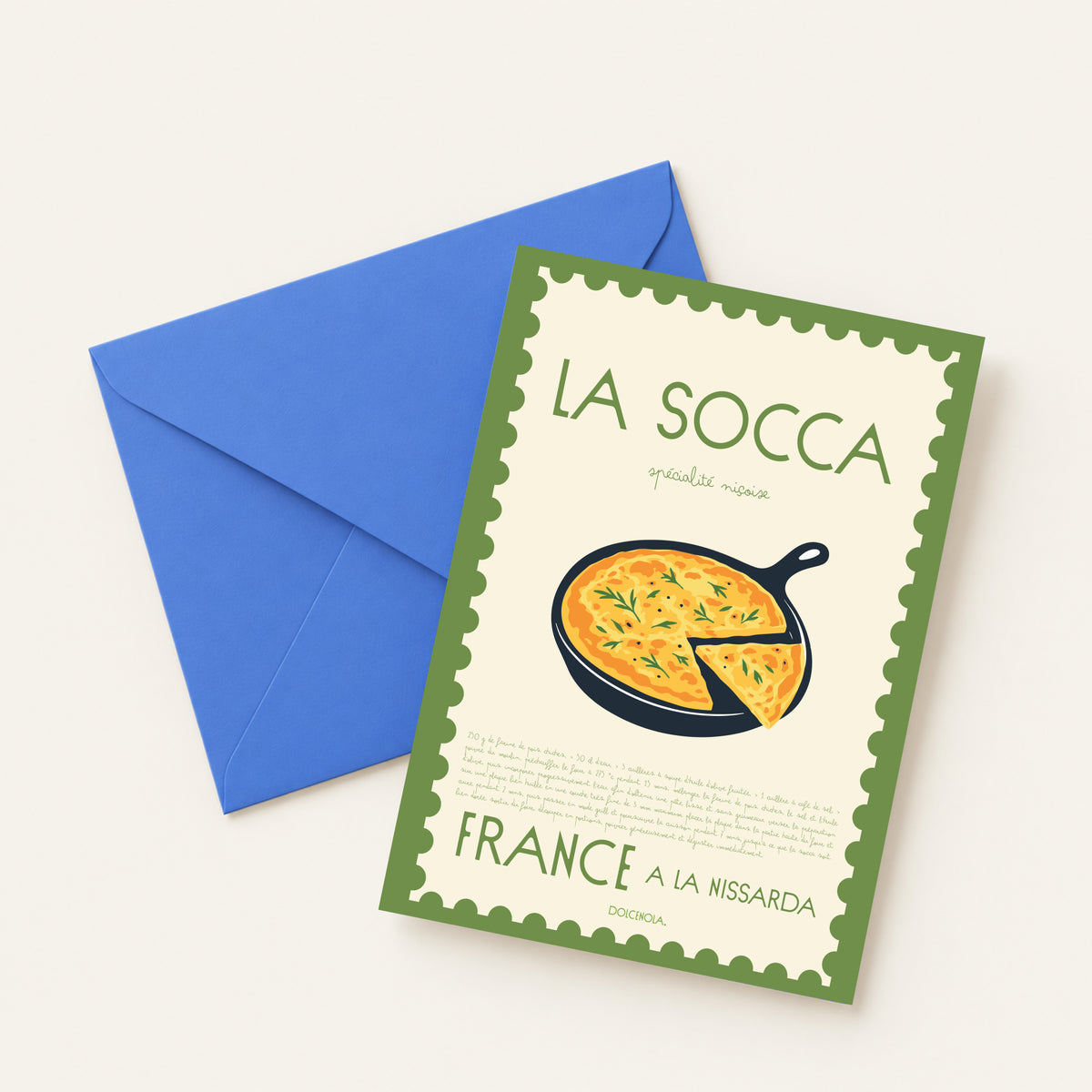 Carte postale illustrée Socca, spécialité culinaire niçoise, fine art 300g coton, Dolcenola