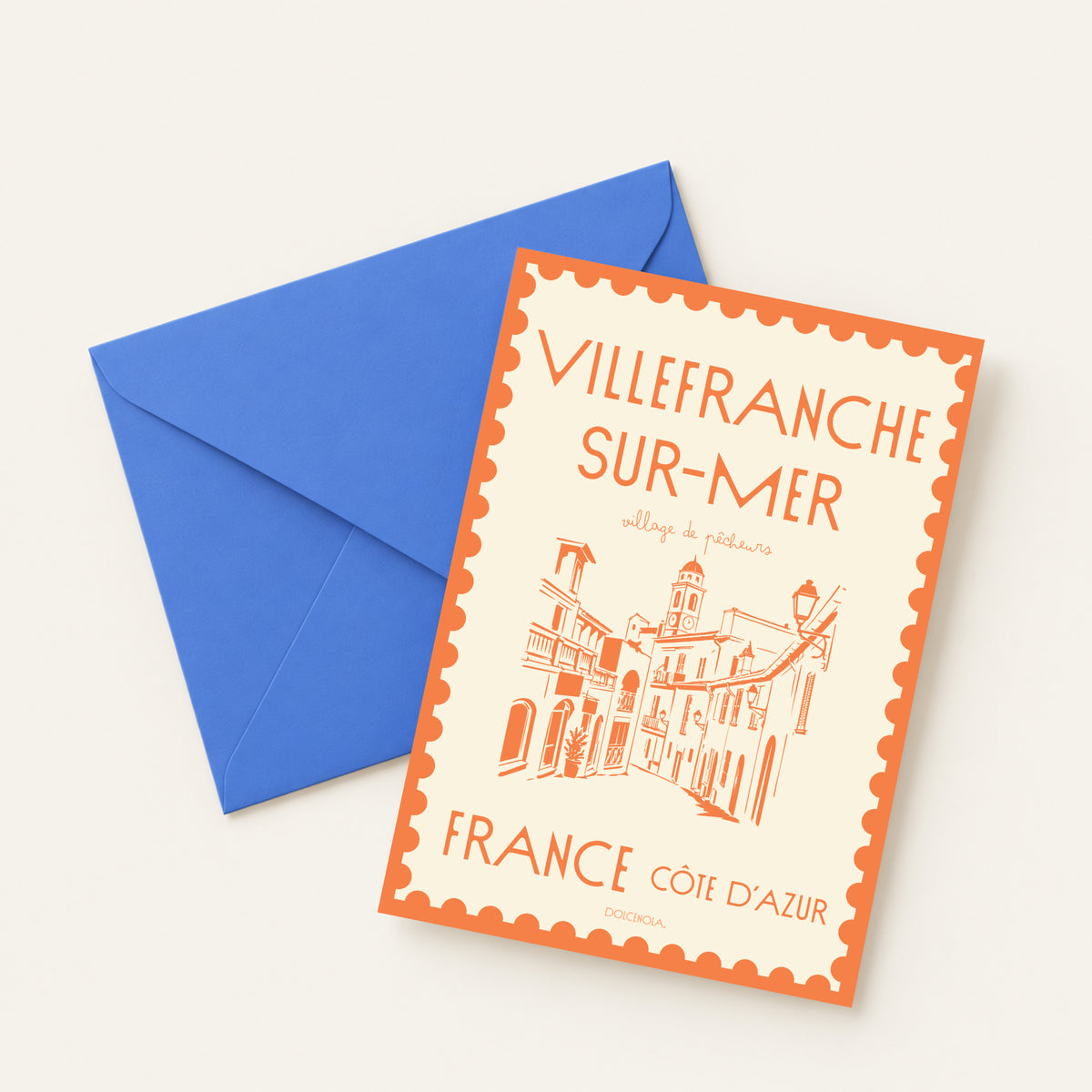 Carte postale illustrée Villefranche-sur-Mer, style carte à timbre, fine art 300g coton, Dolcenola
