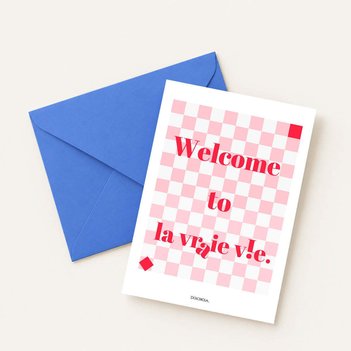 Carte postale illustrée Welcome to la Vraie Vie, clin d'œil à la vraie vie méditerranéenne, fine art 300g coton, Dolcenola