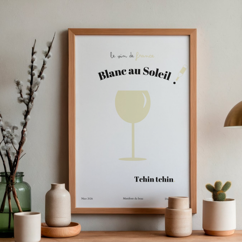 Affiche vintage Blanc au Soleil, vin blanc et Côte d'Azur, style rétro années 50, Dolcenola Studio
