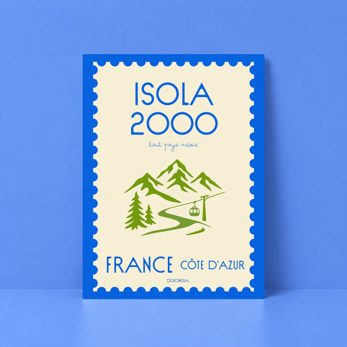 Affiche illustrée Isola 2000, station de ski des Alpes-Maritimes, fine art 250g coton, Dolcenola