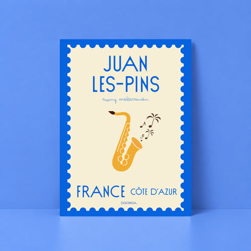 Affiche illustrée Juan-les-Pins, plages et pinède de la Côte d'Azur, fine art 250g coton, Dolcenola