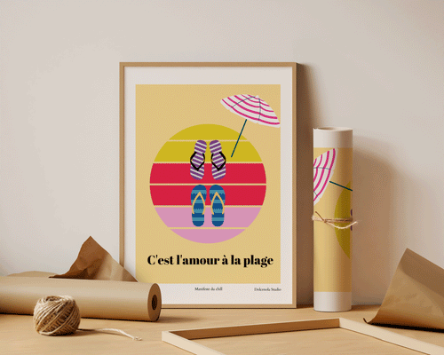 Affiche illustrée L'Amour à la Plage, poster romantique estival esprit Méditerranée, Dolcenola Studio