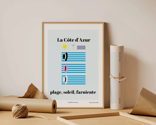 Affiche vintage La Côte d'Azur, hommage à la Riviera française et à ses plages emblématiques, Dolcenola Studio
